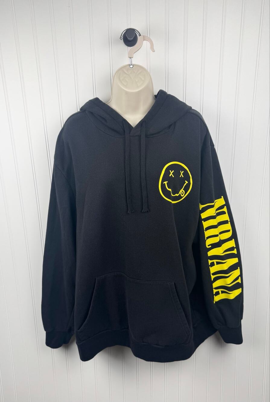 Nirvana Smiley Face Hoodie Black Yellow Graphic Pullover Sweatshirt 2XL